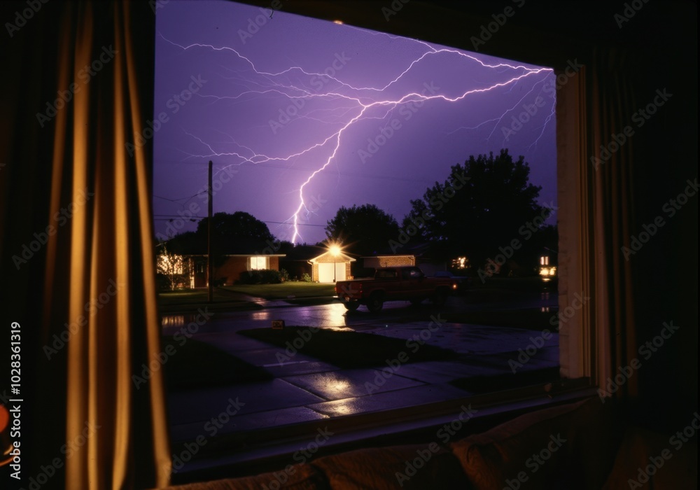 Obraz premium Dramatic lightning storm captured from window during nighttime