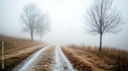 A chilling fog envelops a lonely path, where footsteps echo in the silence.