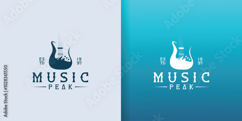 Music Festival Guitar vector Logo Design with Mountain