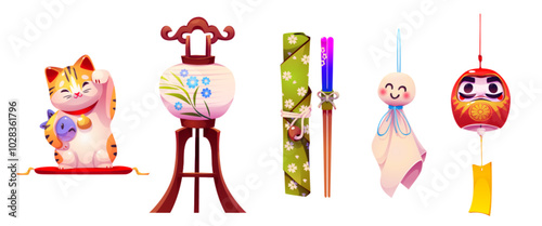 Lucky chinese cat and cute red daruma doll. China luck carp for festival celebration. Asian fortune symbol with ornament hanging on rope. Kawaii kitten paw. Japanese stick and kitty graphic design