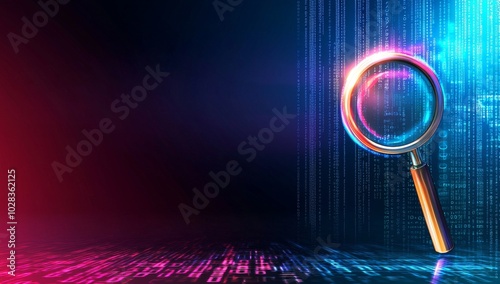 Digital Magnifying Glass Over Binary Code
