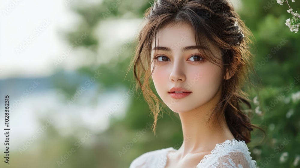 Young asian woman with white background, copy space, skin care model pose. Young asian woman with white background, copy space, skin care model pose.