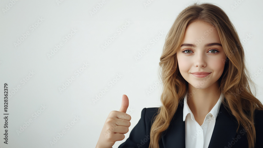 Young business woman wearing suit pose with thumbs up isolate on right, on white background, copy space Young business woman wearing suit pose with thumbs up isolate on right, on white background, copy space