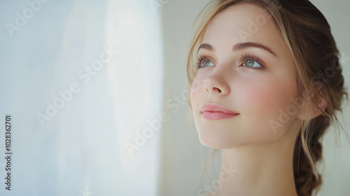 Young woman with natural look pose on white background, copy space, skin care and cosmetics model.