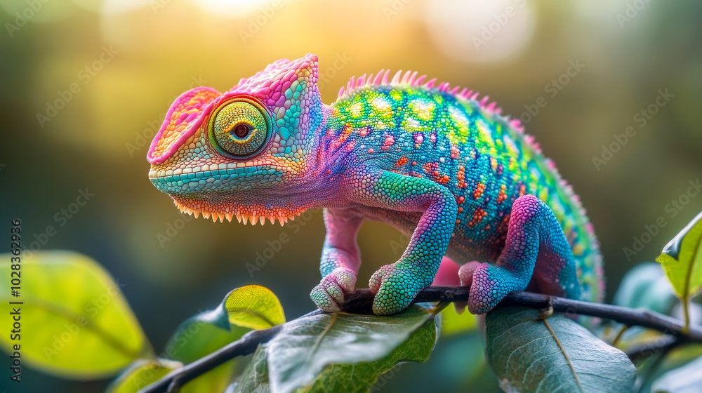 Fototapeta premium A close-up of a vividly colored chameleon perched on a branch, displaying its striking multicolored skin, set against a natural, sunlit background