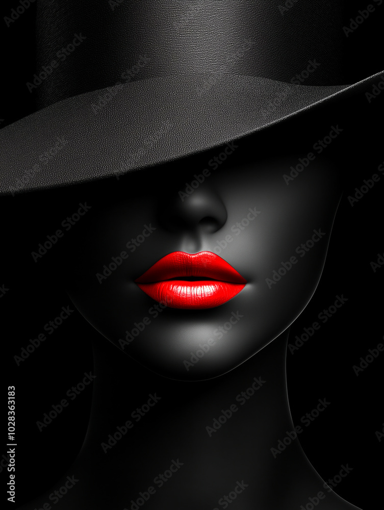 custom made wallpaper toronto digitalA dramatic and elegant portrait of a woman wearing a black hat, her face mostly hidden in shadows, with striking red lips adding a bold contrast