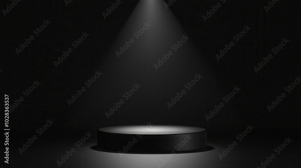 Round Metallic Podium Under Spotlight in Dark Space Round Metallic Podium Under Spotlight in Dark Space