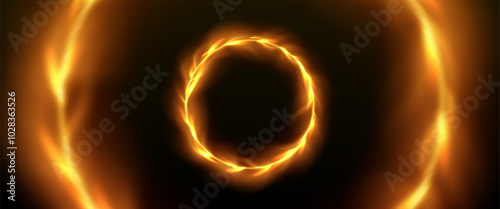 Fire ring frame. Flame effect in circle. Magic circular glow and burn flare on black background. Realistic gold fiery shine. Firework power wheel motion. Heat circus banner design with hot vortex