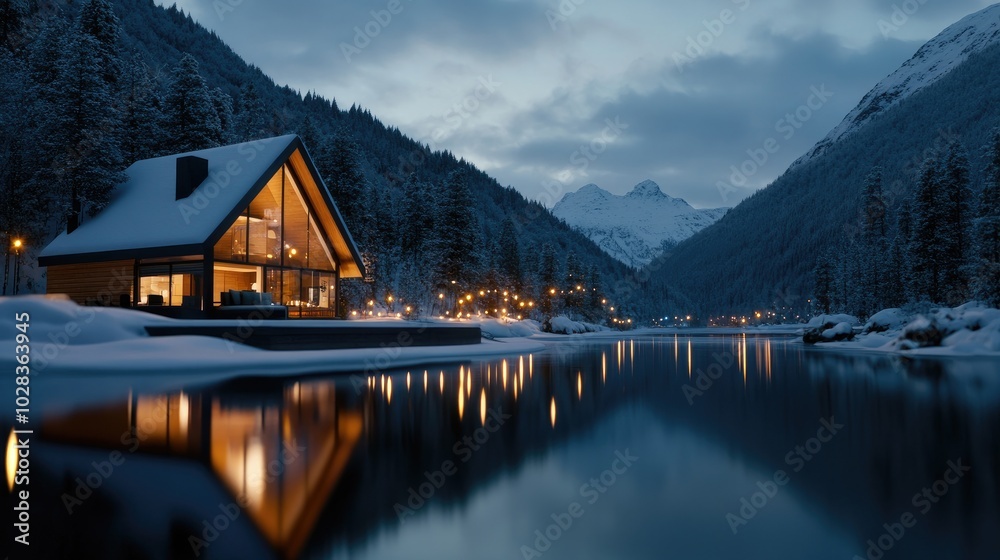 Fototapeta premium Cozy Cabin by the Serene Winter Lake at Dusk