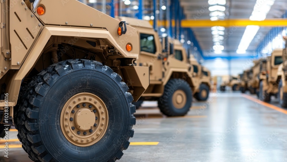 Line of Armored Vehicles in Industrial Setting Line of Armored Vehicles in Industrial Setting