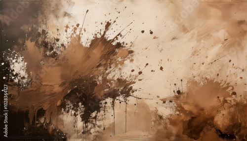 Chaotic Eruption in Sepia and Earth Tones. Abstract Grunge Composition Evoking Explosive Energy, Organic Decay, and the Turbulence of Motion Through Ink Splatters and Textural Fragmentation