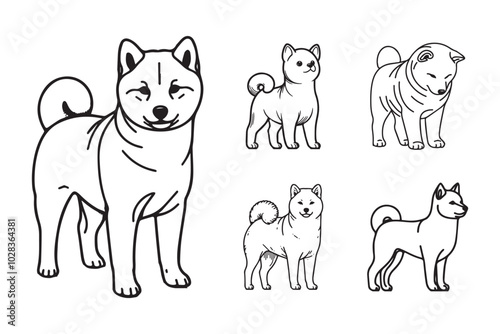 Line Art Cutie Shiba Japanese Dog Iconic Pet Stand Pose Art Black and White Illustration Hand Drawn Clipart