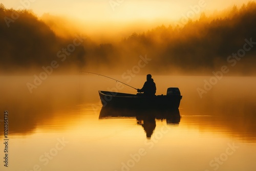 A serene lakeside fishing trip at sunrise, a person sitting on a small boat with a fishing rod in hand