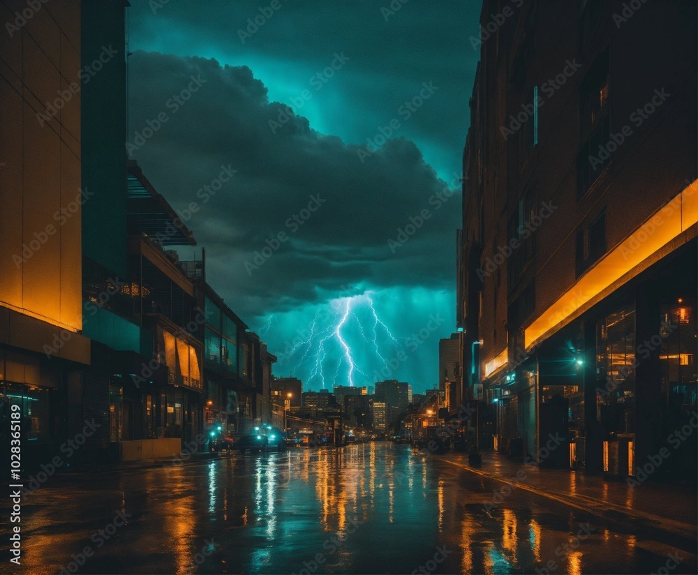 Fototapeta premium City at night and thunder, AI generated