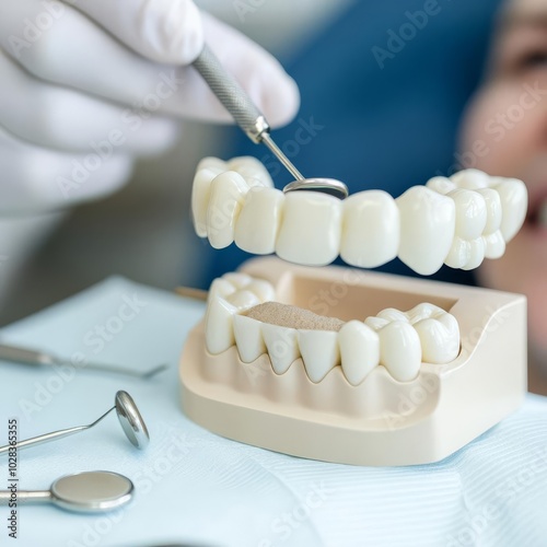 Preparing dental resin for filling, sterile tools around, patient in chair photo