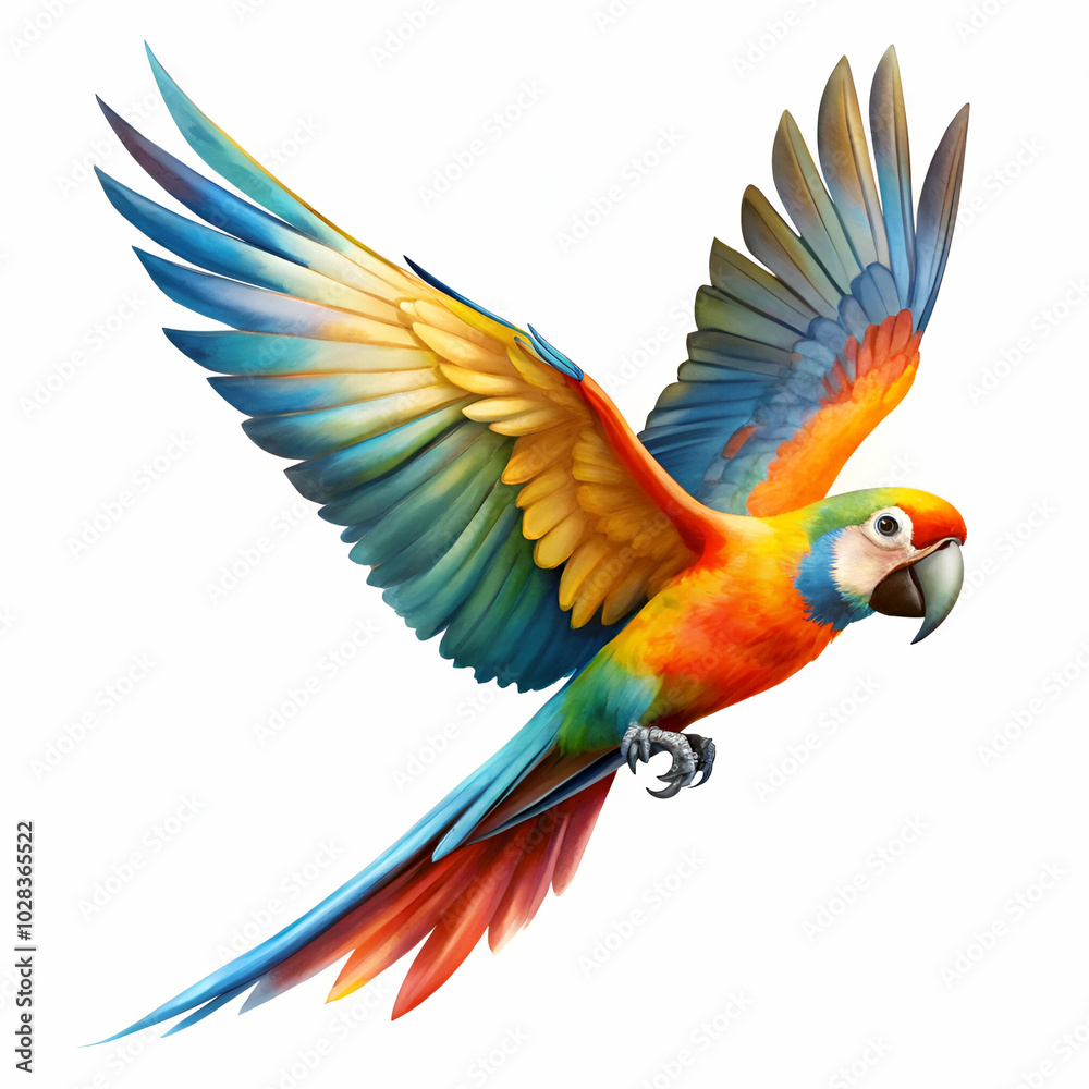 Fototapeta premium Brightly colored flying parrot on a white background, ideal for nature-inspired artwork and educational resources