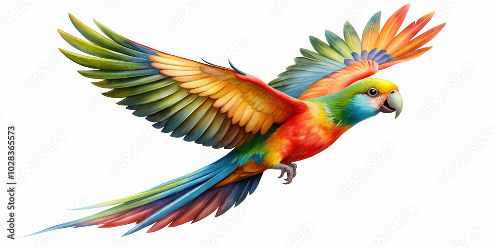 Fototapeta premium Brightly colored flying parrot on a white background, ideal for nature-inspired artwork and educational resources