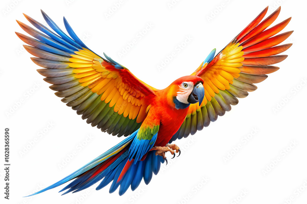 Obraz premium Brightly colored flying parrot on a white background, ideal for nature-inspired artwork and educational resources