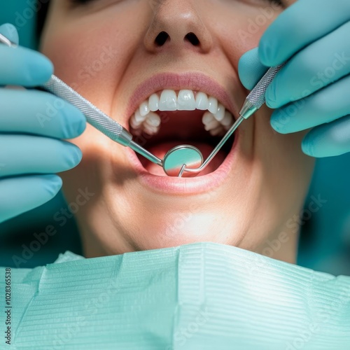 Preparing for tooth filling, dentist holding instruments, patient ready photo