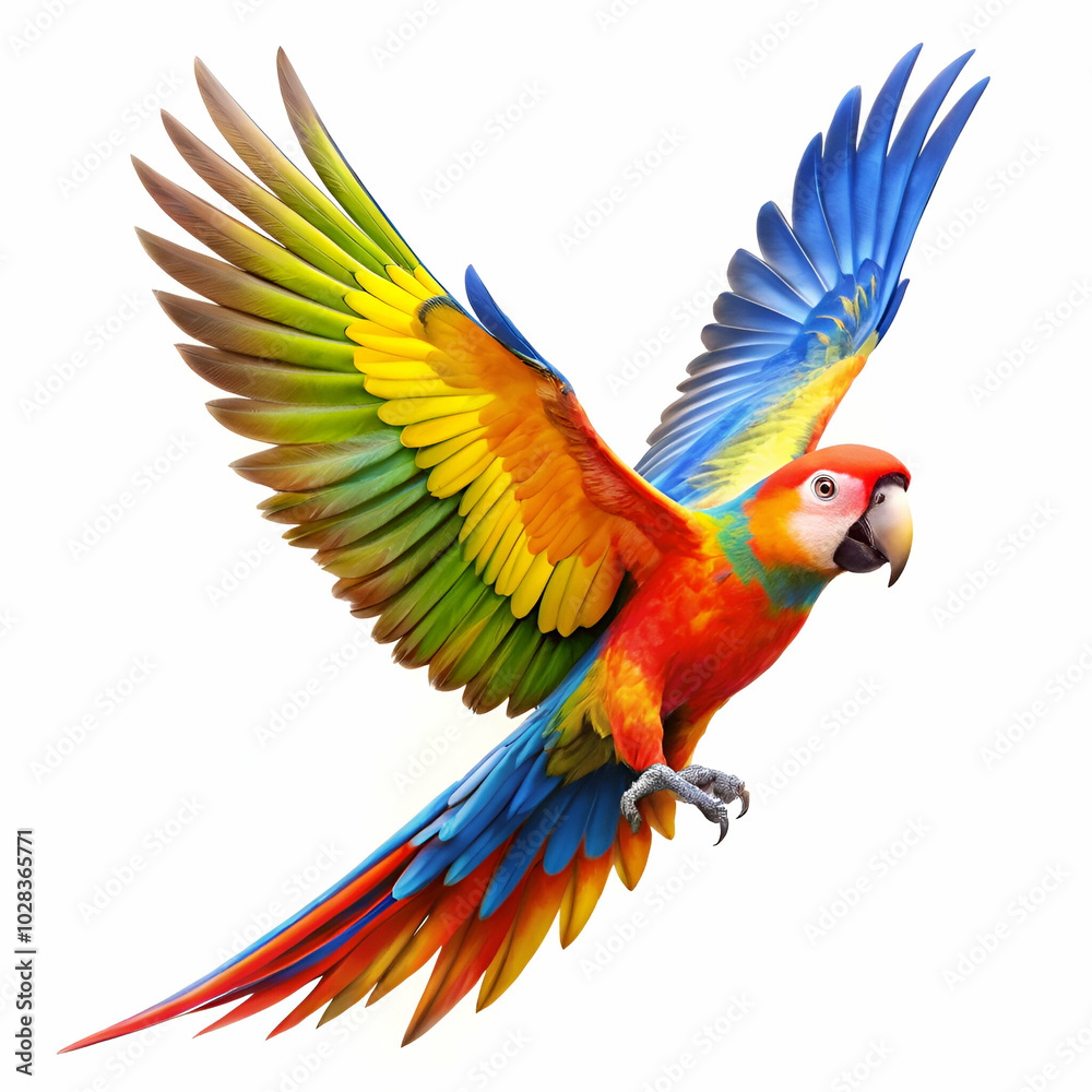 Obraz premium Brightly colored flying parrot on a white background, ideal for nature-inspired artwork and educational resources