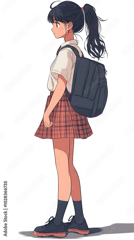 Anime School Girl with Backpack Standing in Profile.