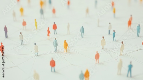 Group of simple miniature people shapes connected by thread lines on a simple background. Wallpaper of communication, social communications photo