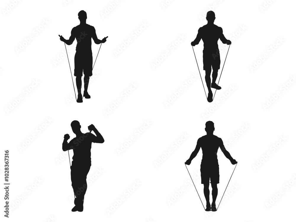 Obraz premium Young man jumping rope silhouette. Rope skipping, man skipping with jump rope silhouette. Aerobic exercises, jump activity, health concept. Skipping Rope silhouette icon isolated on white background.