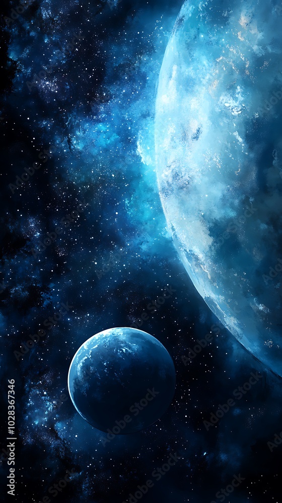 Obraz premium A mesmerizing view of two planets in a starry sky with a watercolor effect.