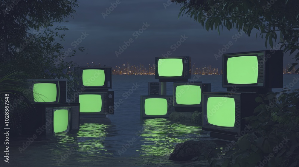 stacks of old televisions displaying green screens, set against American-themed backgrounds, illuminated with cinematic lighting to create a dramatic nighttime atmosphere stacks of old televisions displaying green screens, set against American-themed backgrounds, illuminated with cinematic lighting to create a dramatic nighttime atmosphere