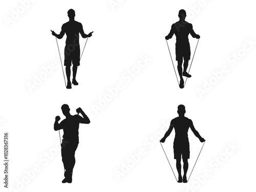 Young man jumping rope silhouette. Rope skipping, man skipping with jump rope silhouette. Aerobic exercises, jump activity, health concept. Skipping Rope silhouette icon isolated on white background.