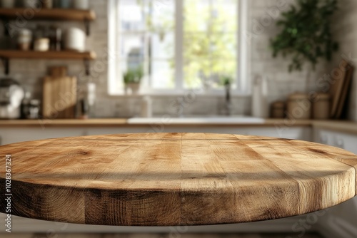 Empty round wooden table top with blurred background of modern kitchen interior. photo