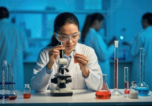 Female scientist conducting experiments in laboratory with microscope and test tubes
