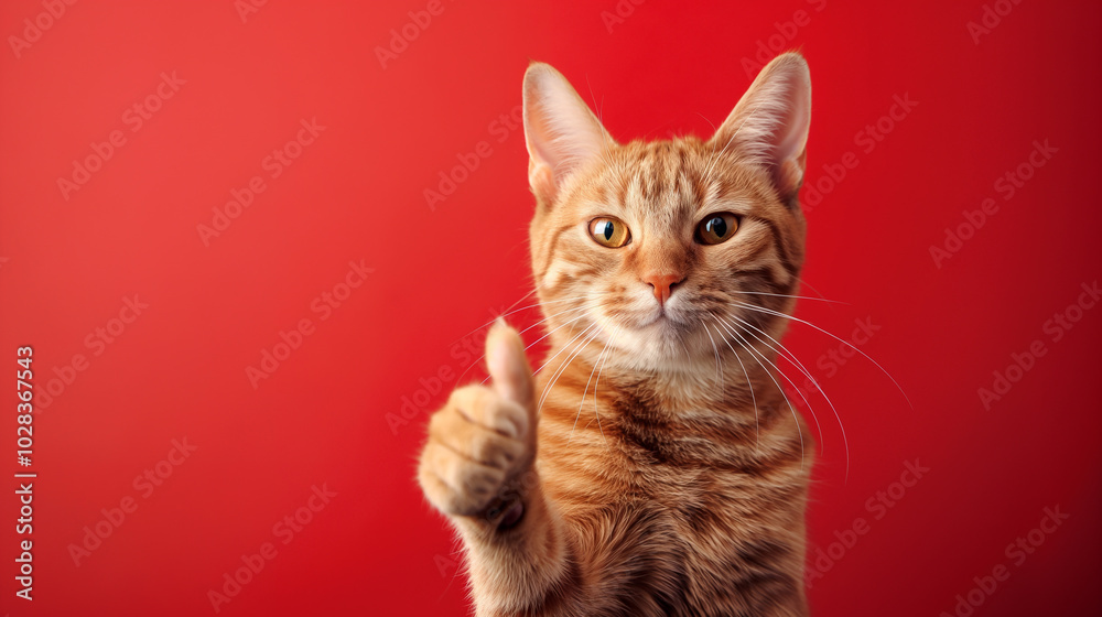Obraz premium Portrait of a beautiful happy cat holding one thumbs up as a sign of excellent work