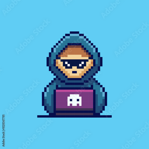 Pixel art Hacker with Laptop in Hood game asset design