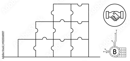 Black and white image representing stackable puzzle blocks next to handshake and bitcoin symbol. Ideal for business cooperation, blockchain technology, teamwork, cryptocurrency transactions