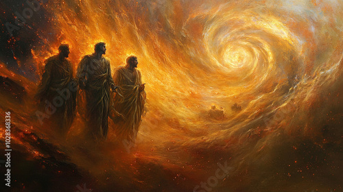 Shadrach, Meshach, and Abednego in the fiery furnace, depicted within a swirling nebula, highlighting their faith amidst trials, with copy space