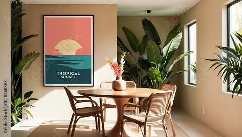 Tropical modern dining area interior design with poster frame