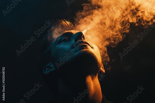 A man looking up while smoking, with bright light shining on his eye, creating dramatic high contrast that emphasizes smoke trails and his intense gaze