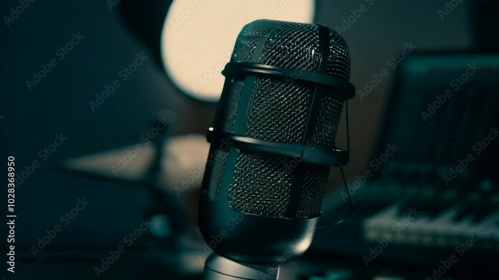 Camera movement and effects, 360-degree video, low key lighting, establishing scene, side view of vintage microphone in recording studio
