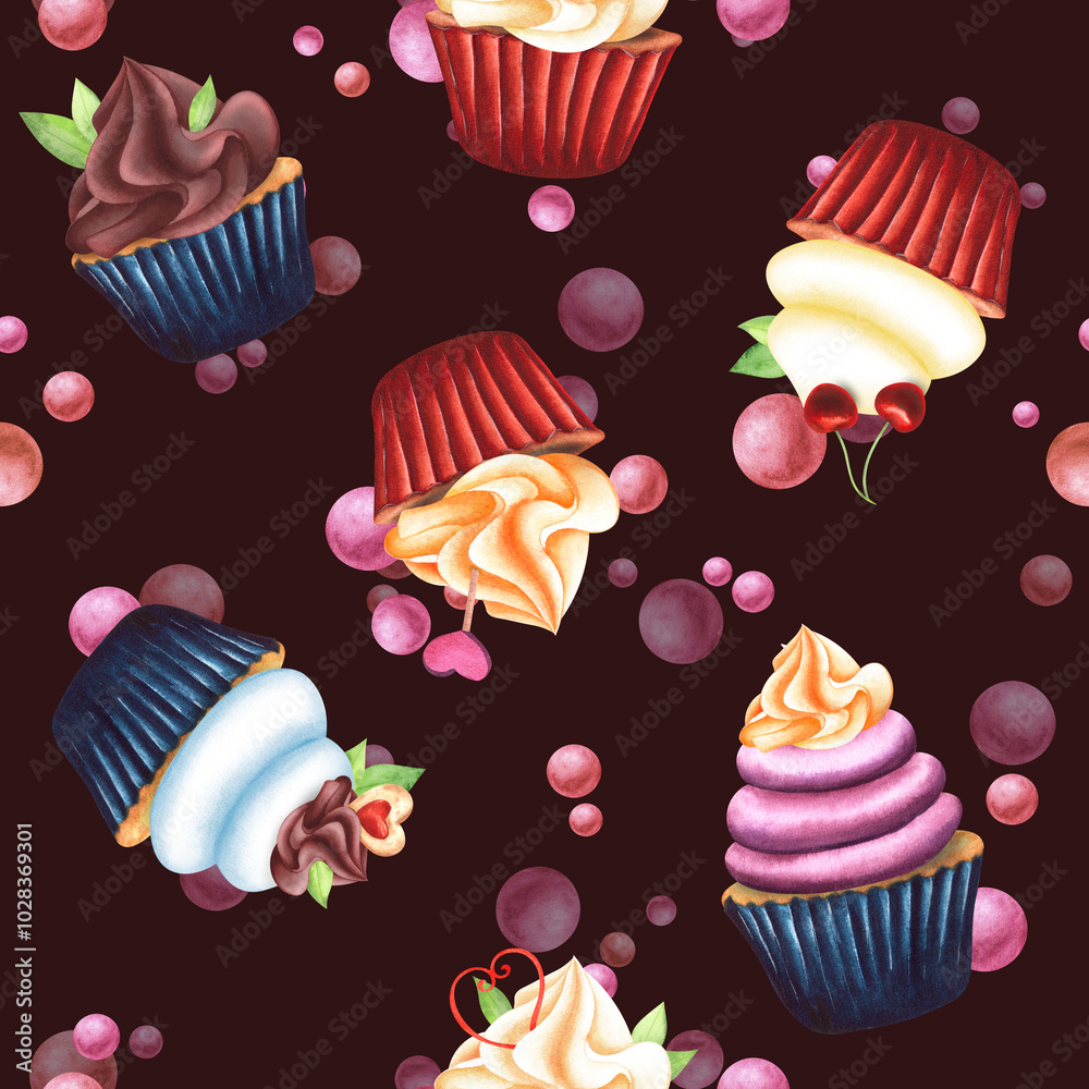 Cupcakes with cream, meringue, marshmallow decorated with mint, cherry, cookies. Seamless pattern hand-drawn with watercolors on a dark background. For design, packaging, textiles, menus, printing Cupcakes with cream, meringue, marshmallow decorated with mint, cherry, cookies. Seamless pattern hand-drawn with watercolors on a dark background. For design, packaging, textiles, menus, printing