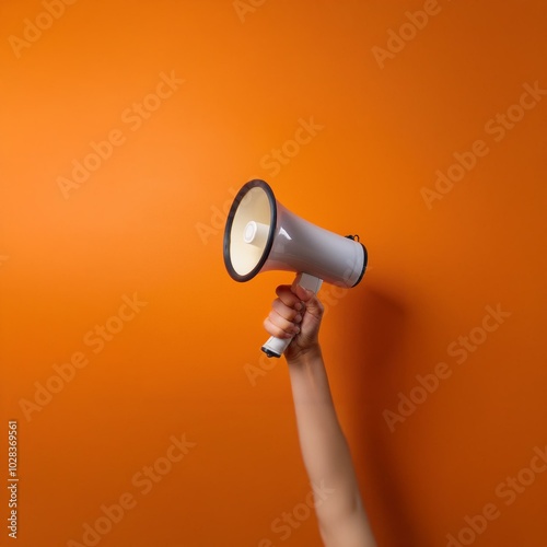 A hand holds a white megaphone against an orange background. photo