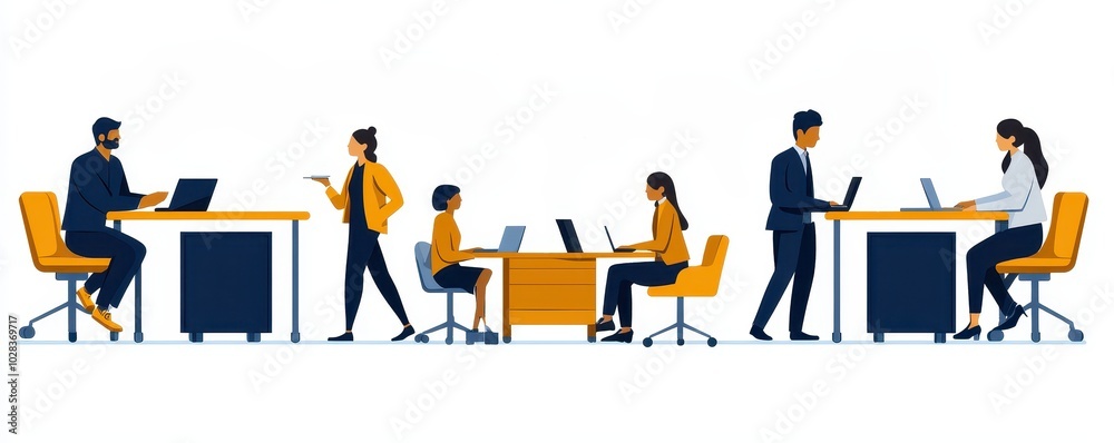 Naklejka premium Diverse team working collaboratively in an office setting, using laptops and engaging in discussions.