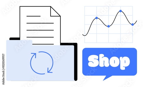 A file folder with a document, a graph showing data trends, and a speech bubble with Shop text. Ideal for business analytics, data management, online shopping, retail analysis, and e-commerce