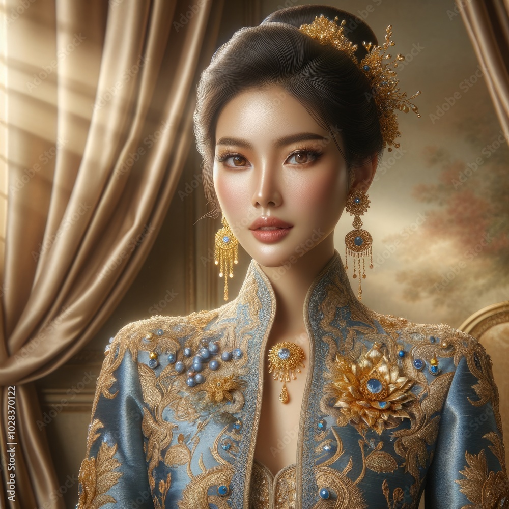 Elegant Portrait of a Woman in Traditional Southeast Asian Attire: A Hyper-Realistic Digital Art Depiction with Intricate Golden Embroidery, Luxurious Silk Textures, and Ornate Jewelry in a Regal Sett Elegant Portrait of a Woman in Traditional Southeast Asian Attire: A Hyper-Realistic Digital Art Depiction with Intricate Golden Embroidery, Luxurious Silk Textures, and Ornate Jewelry in a Regal Sett