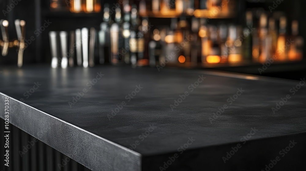 Black cement tabletop in a stylish bar environment, ideal for product displays related to nightlife, premium beverages, or barware Black cement tabletop in a stylish bar environment, ideal for product displays related to nightlife, premium beverages, or barware
