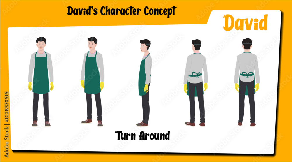 A housekeeper cartoon character turnaround modelsheet AKA David. Caretaker cartoon vector character A housekeeper cartoon character turnaround modelsheet AKA David. Caretaker cartoon vector character