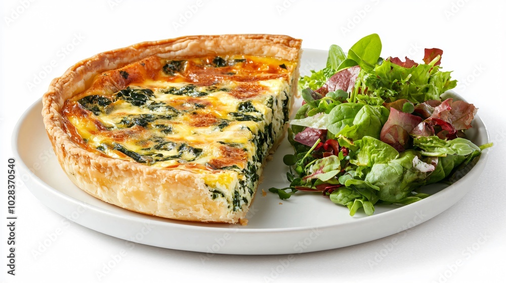 A slice of spinach and cheese quiche on a plate with a side salad of mixed greens. A slice of spinach and cheese quiche on a plate with a side salad of mixed greens.