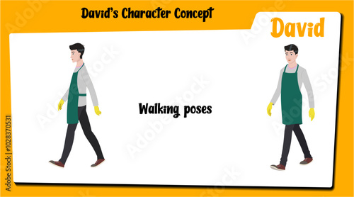 A housekeeper cartoon character walking AKA David. Caretaker cartoon vector character.