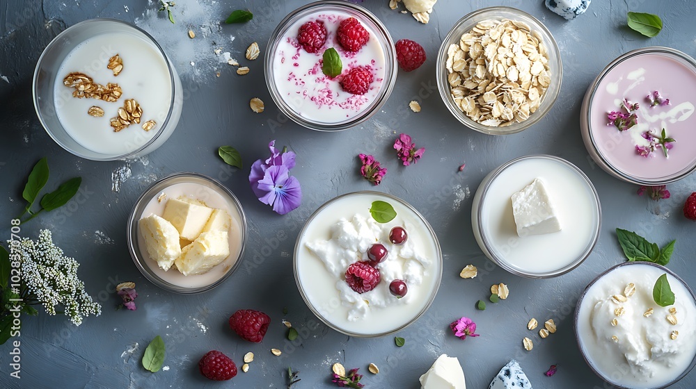 Plant Based Dairy Alternatives in Bowls with Ingredients