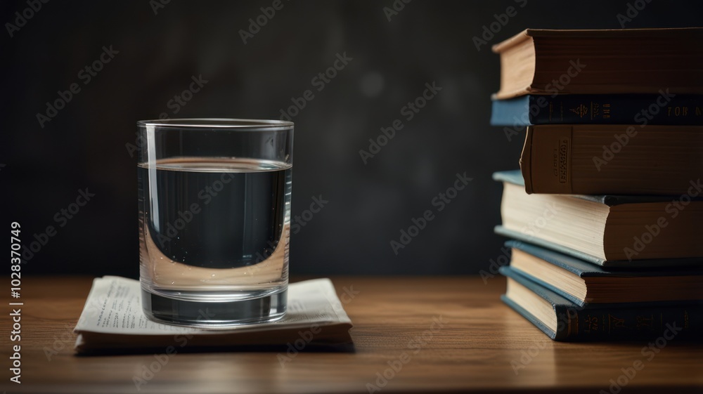 A glass of water and a stack of books on a wooden table. A glass of water and a stack of books on a wooden table.